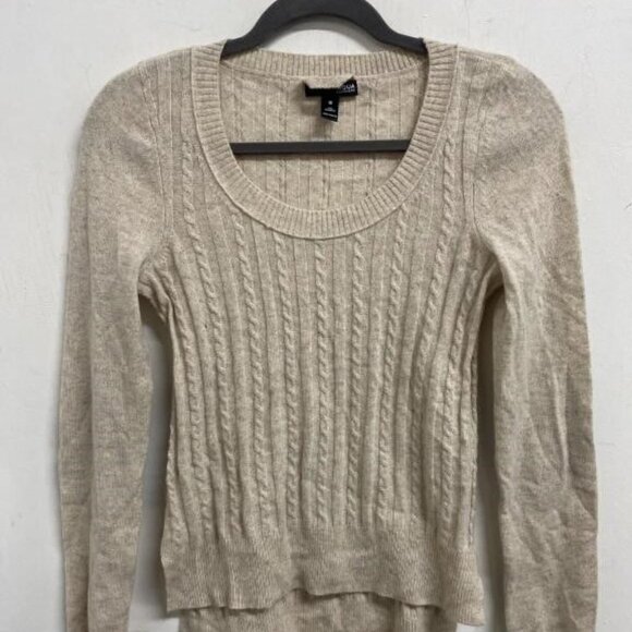 BOGO Aqua Scoop Neck 100% Cashmere Sweater Leather Elbow Patches XS Cream Tan - Picture 1 of 3